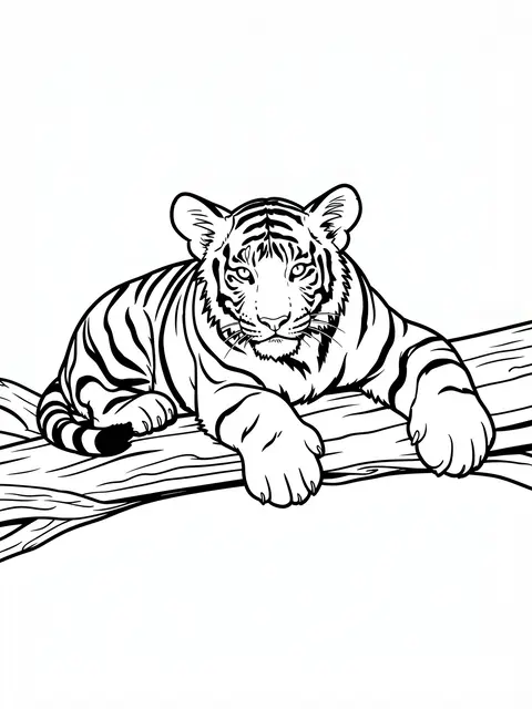 Bold black line art of a tiger cub resting on a wooden log against a plain white background
