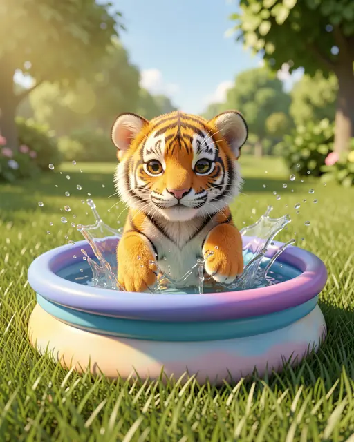 Chubby cartoon tiger cub splashes in a small inflatable pool on a sunny grass lawn