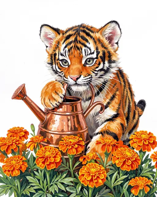 A gouache painted tiger cub rests a paw on a copper watering can beside bright orange marigold flowers.