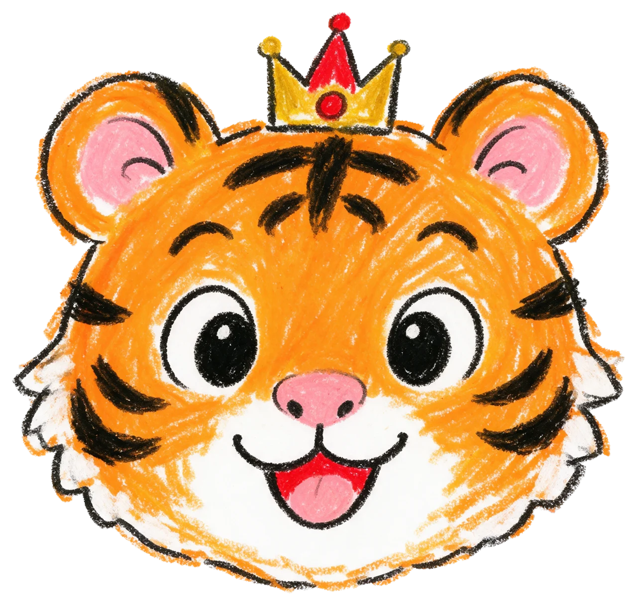 Crayon drawing of a smiling tiger cub face wearing a small decorative crown