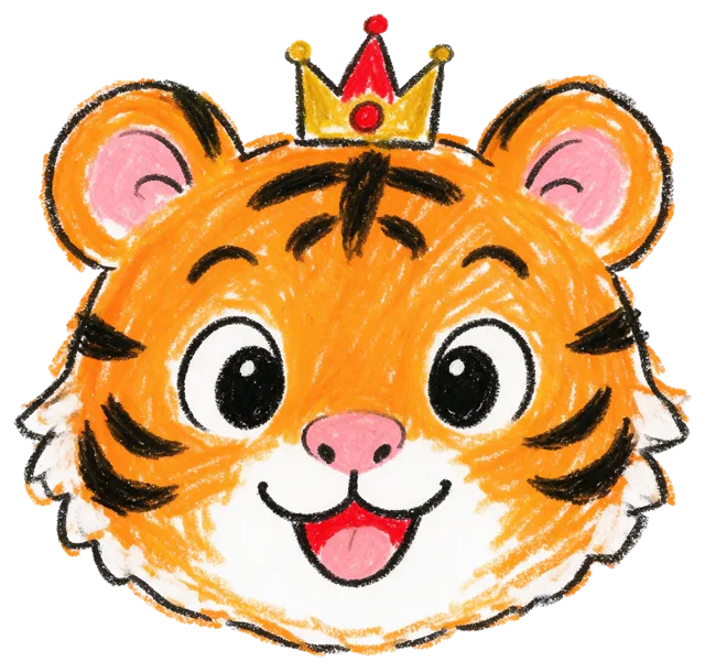 Crayon drawing of a smiling tiger cub face wearing a small decorative crown