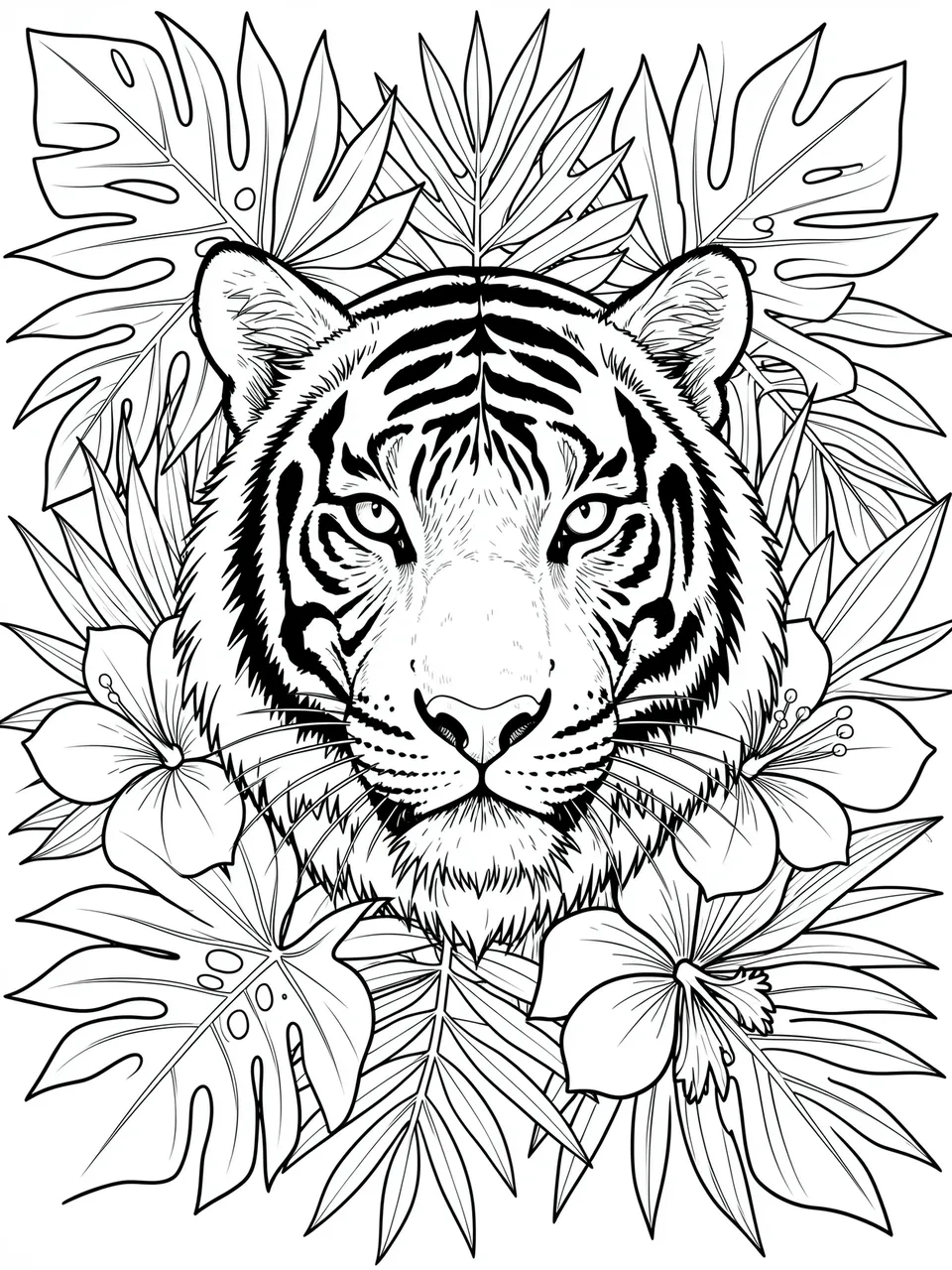 Black and white line art of a detailed tiger face surrounded by tropical leaves and hibiscus flowers on a plain white