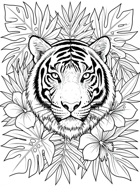 Black and white line art of a detailed tiger face surrounded by tropical leaves and hibiscus flowers on a plain white