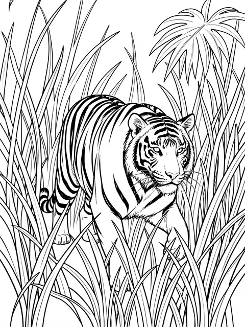 Black and white line art of a tiger walking through tall jungle grass