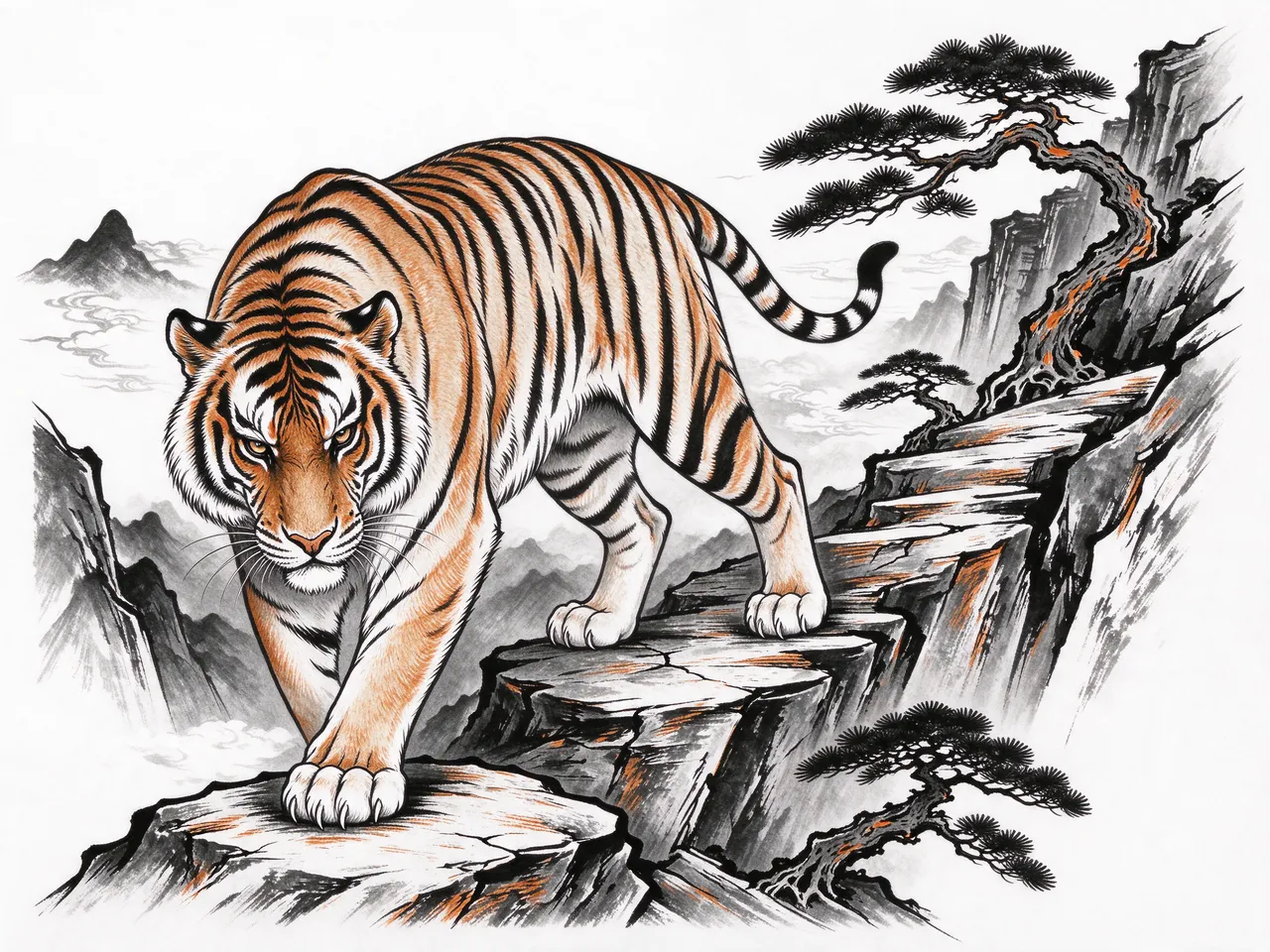 Bold linework tattoo-style drawing of a tiger walking down a rocky mountain slope past wind-swept pine trees