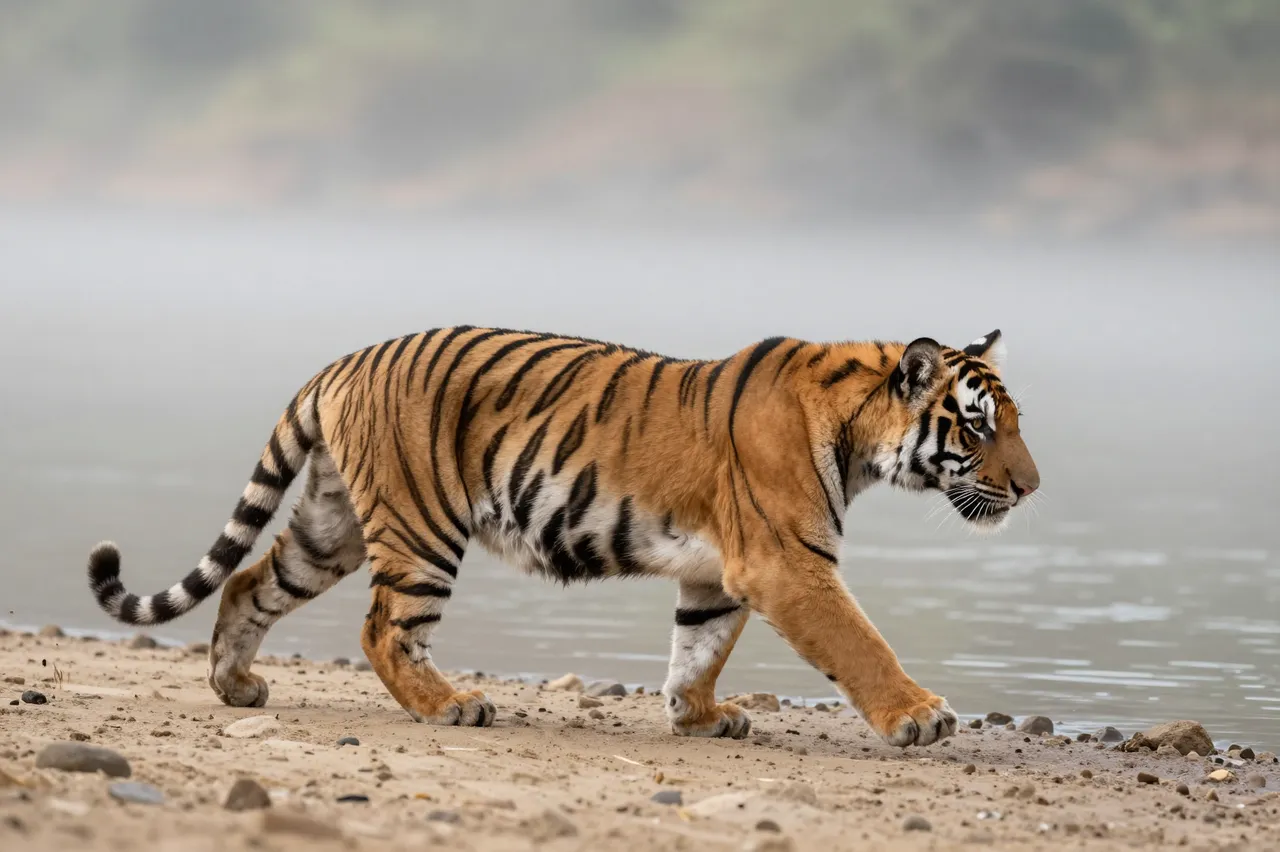 An adult tiger walks along a sandy rocky riverbank beside fog-shrouded calm water