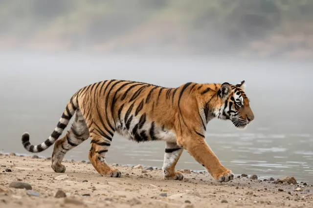 An adult tiger walks along a sandy rocky riverbank beside fog-shrouded calm water