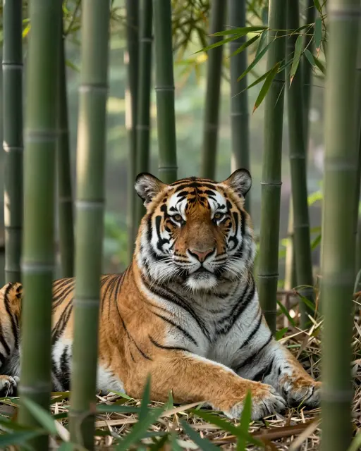 A tiger lies calmly resting among tall green bamboo stalks in soft morning light