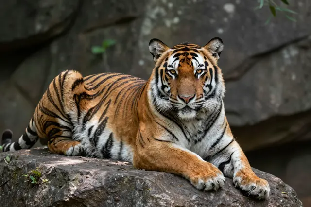 A tiger with amber eyes lies alert on a large shaded rock facing the viewer