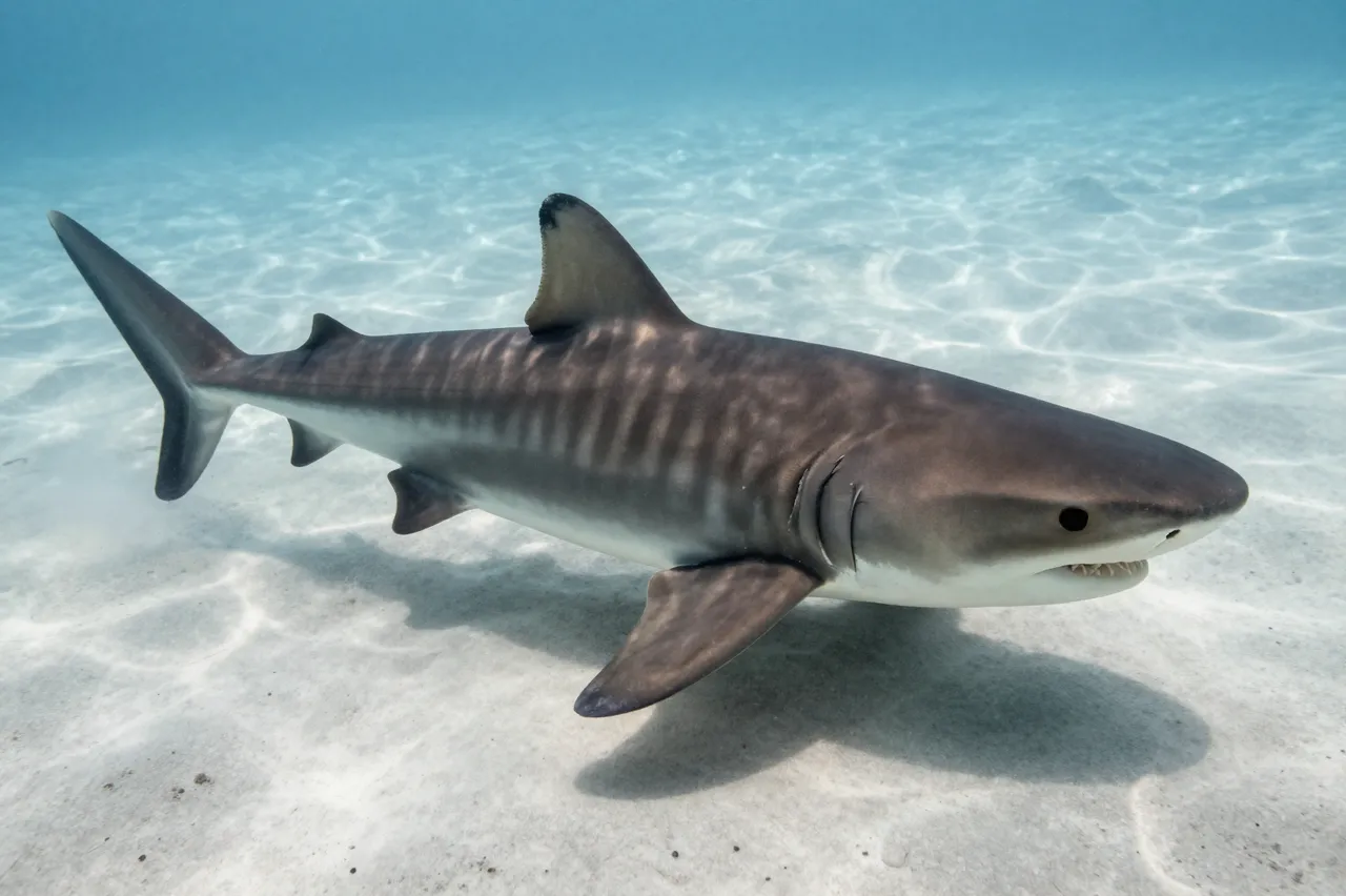 A tiger shark swims through clear shallow ocean water above a light sandy seabed
