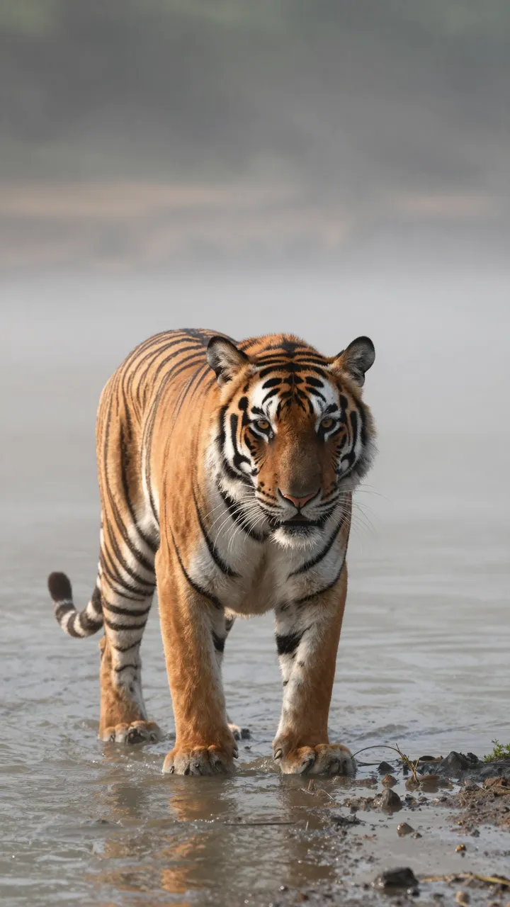 A tiger stands in shallow misty river water at dawn, facing the viewer directly.