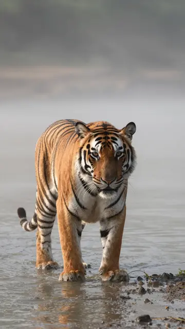 A tiger stands in shallow misty river water at dawn, facing the viewer directly.