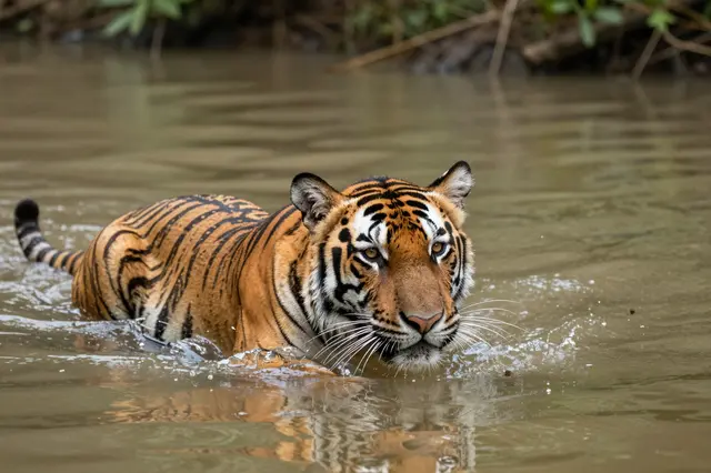 A large striped tiger wades through shallow murky jungle river water facing the camera