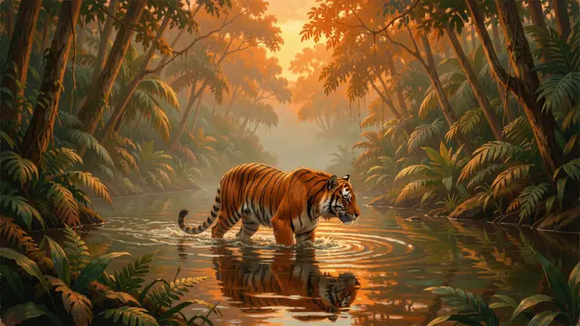 An oil painted tiger walks slowly through a misty jungle river at soft golden dawn