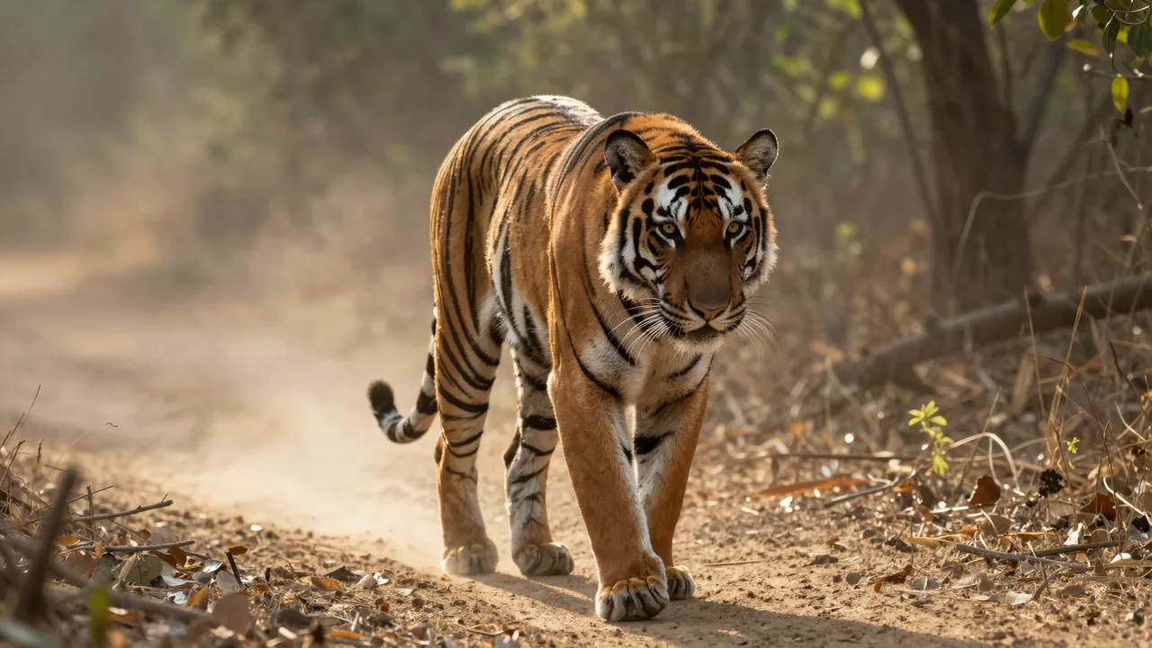 A tiger walks toward the camera along a dusty sunlit forest track with glowing backlit dust around its legs