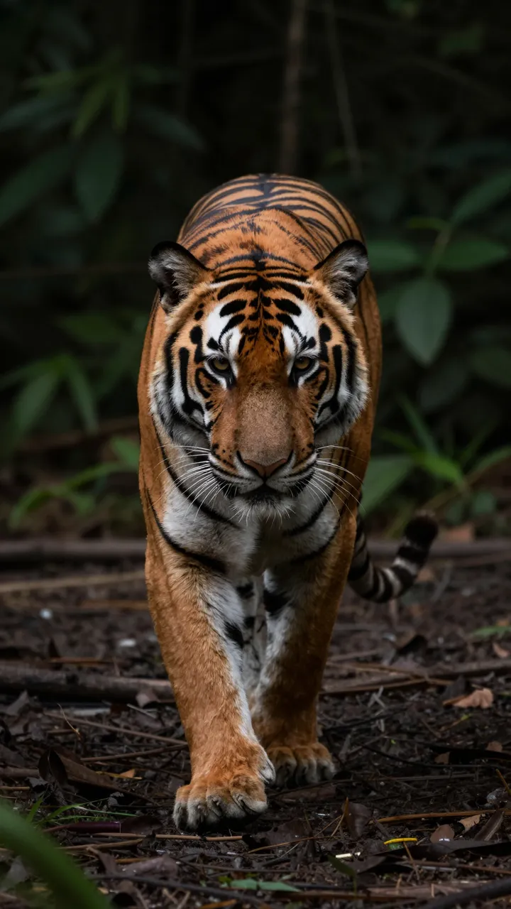 A tiger walks directly toward the viewer, backlit by soft light from a dark jungle background
