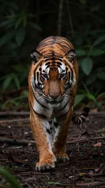 A tiger walks directly toward the viewer, backlit by soft light from a dark jungle background
