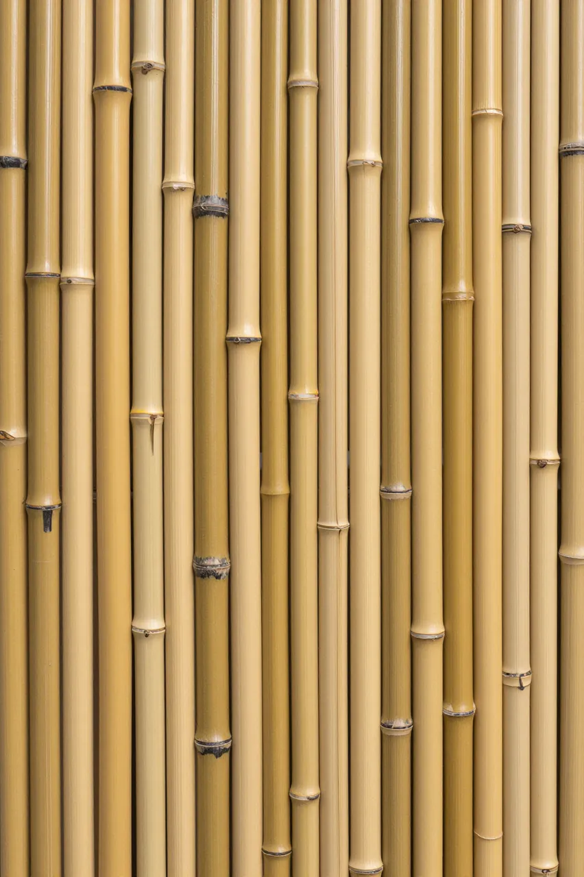 Full frame close-up of tightly packed upright golden bamboo poles with dark node rings
