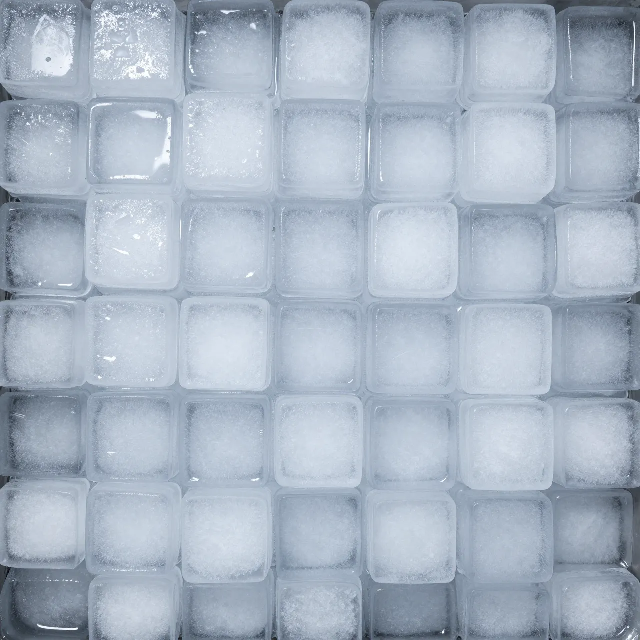 Top view of a full frame grid of frosty, glistening square ice cubes packed edge to edge.