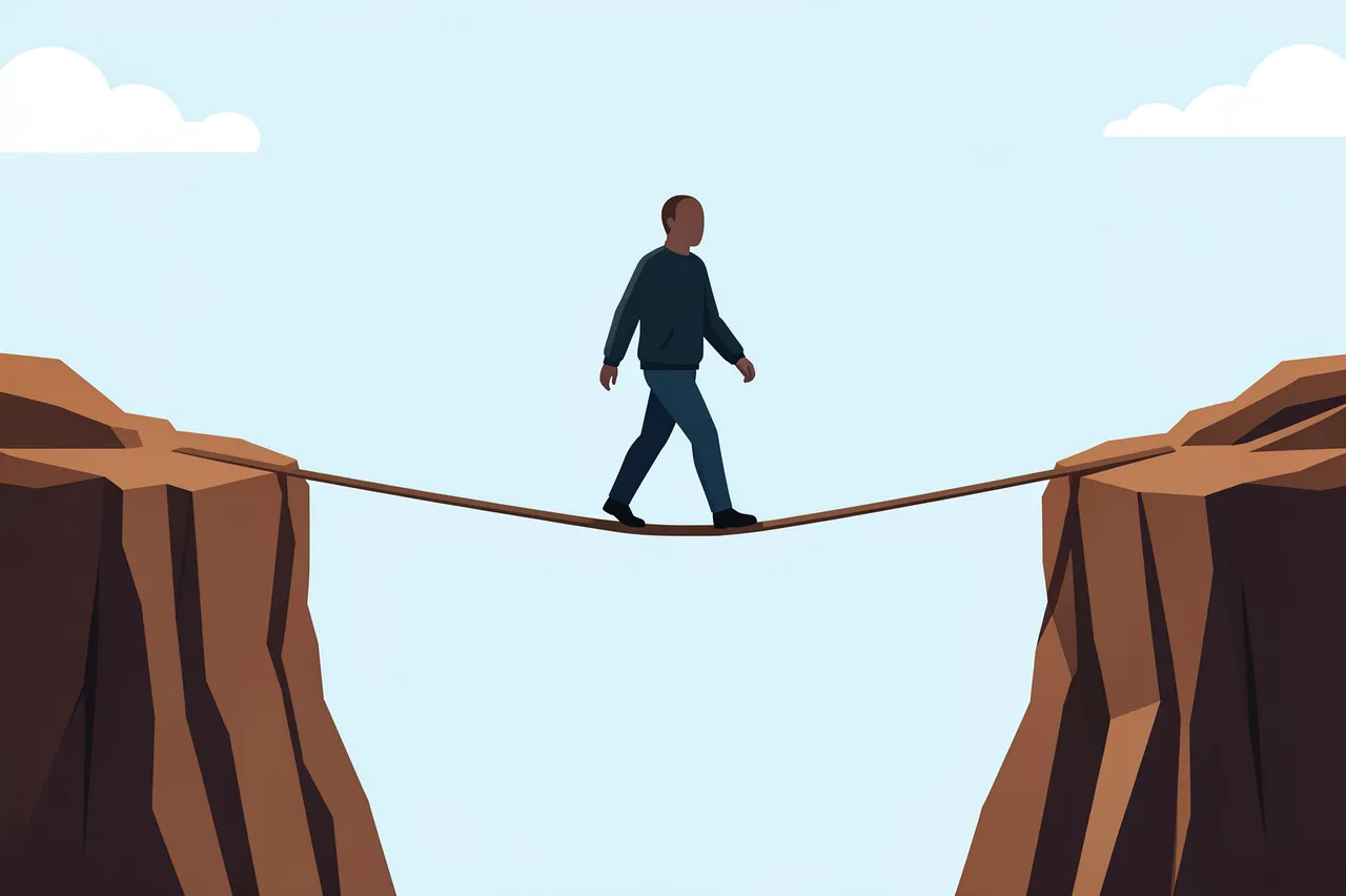 Faceless illustrated figure walks a narrow tightrope spanning between two rocky cliffs under a pale blue sky
