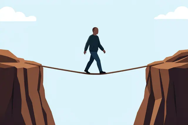 Faceless illustrated figure walks a narrow tightrope spanning between two rocky cliffs under a pale blue sky