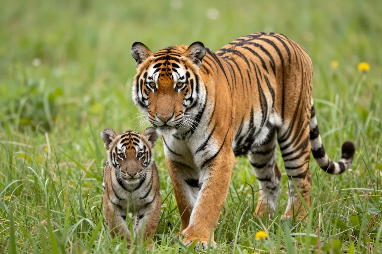 An adult tigress and her small tiger cub stand side by side looking at the camera in tall green grass with small yellow
