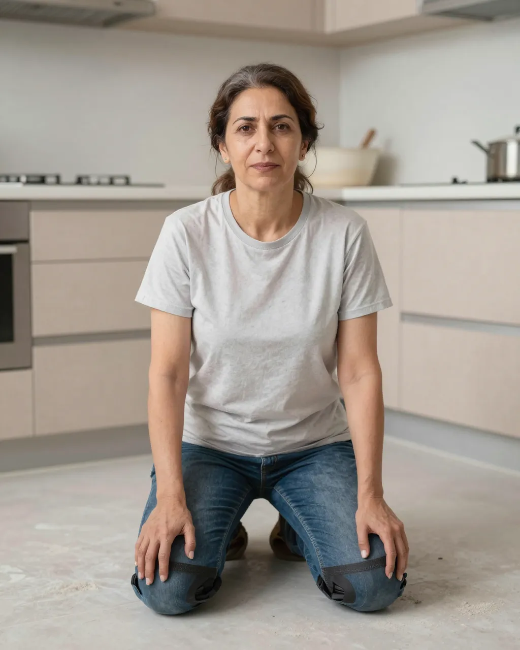 Middle Eastern woman in her forties kneels on knee pads inside a half-finished kitchen renovation