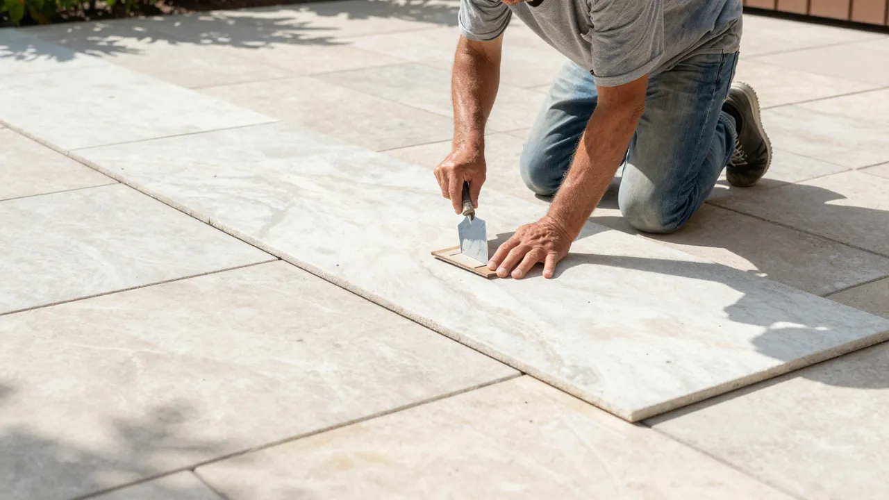 A worker kneels on a sunlit patio placing large light stone slabs with a trowel