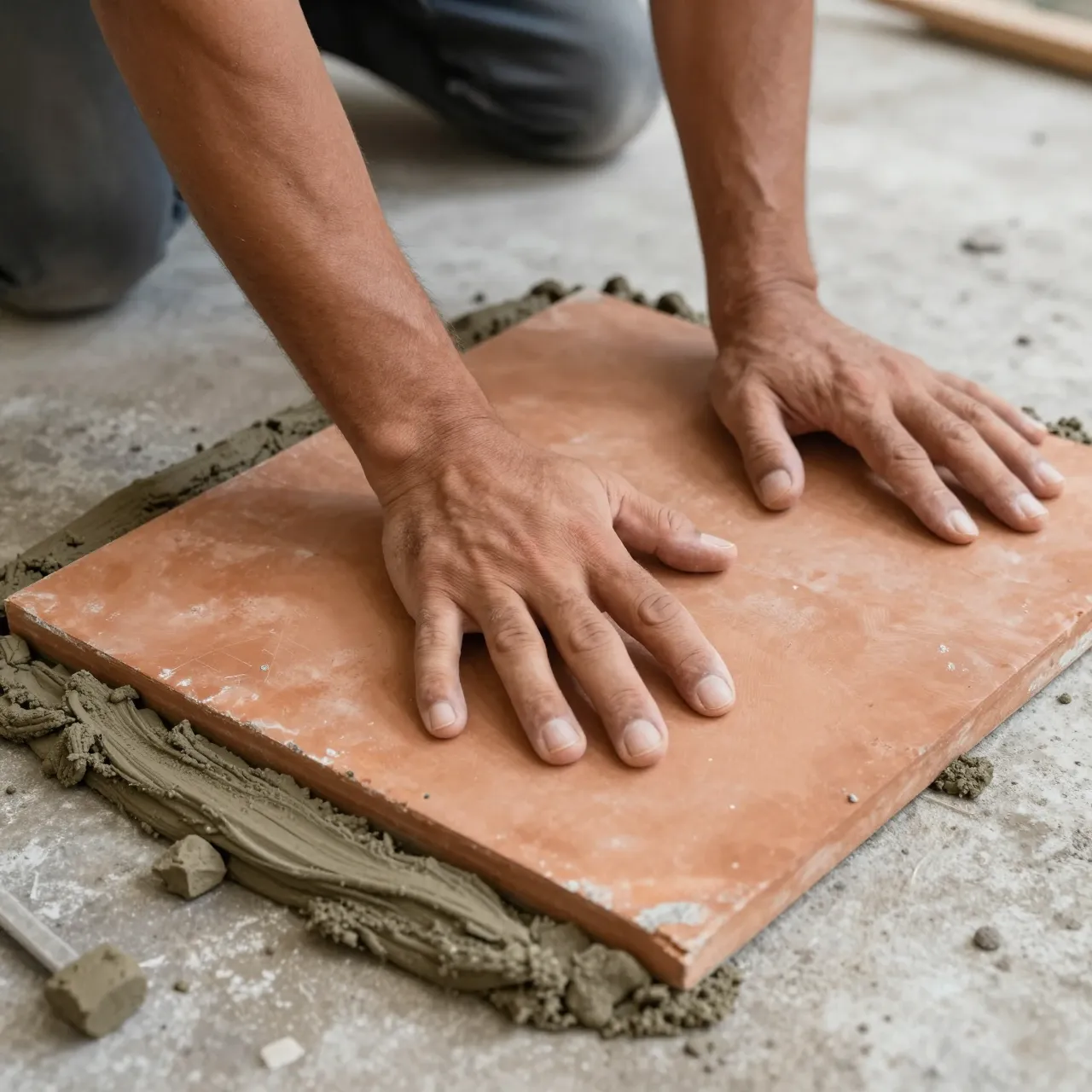 A construction worker presses a large square terracotta tile into fresh floor mortar.