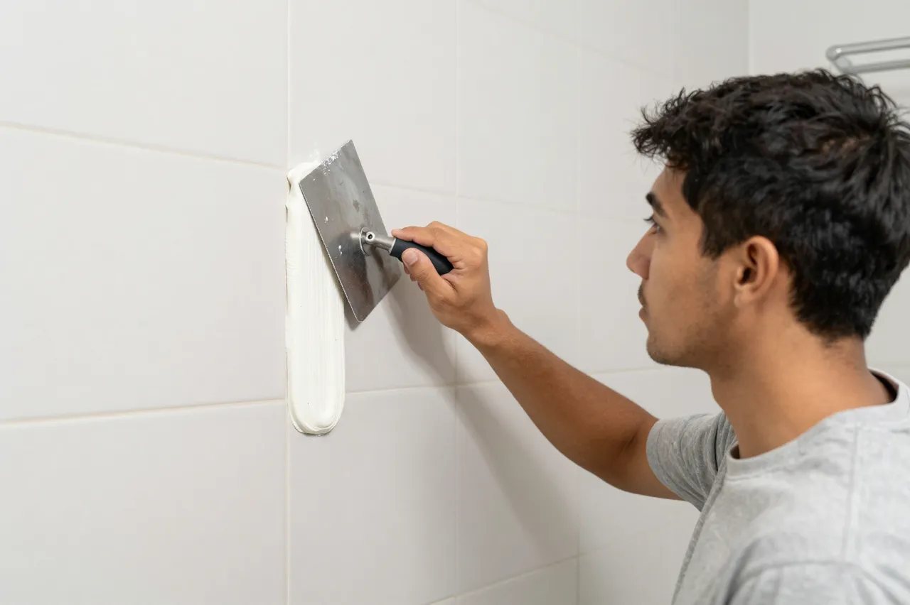 Side view of a tiler using a trowel to spread tile adhesive on a white tiled bathroom wall
