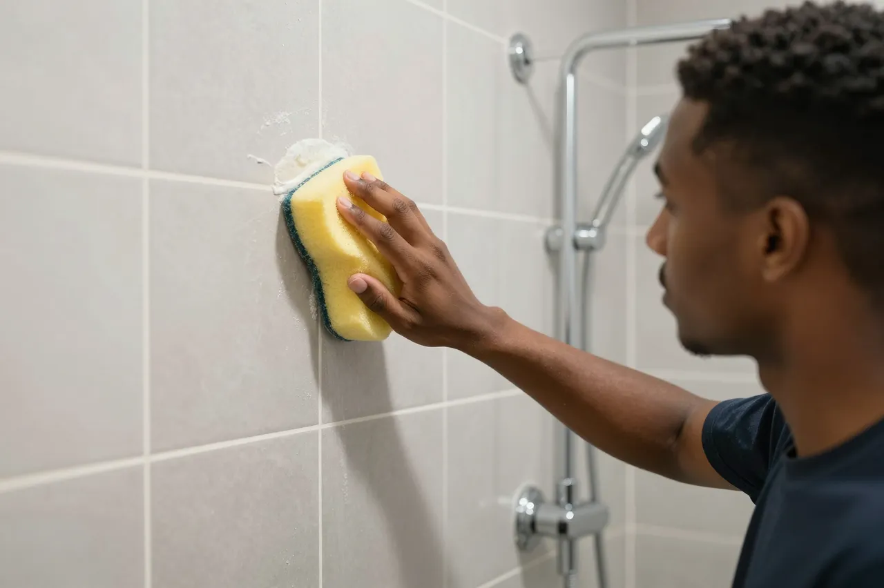 Young man wipes grout haze off a tiled shower wall using a damp sponge in side view