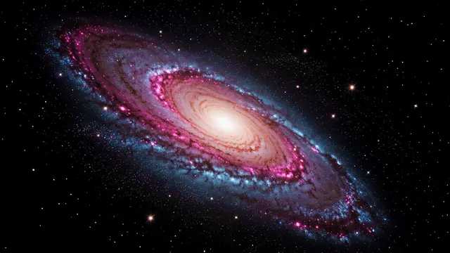 A tilted spiral galaxy with glowing magenta and ice-blue arms floats against a starry deep black space background