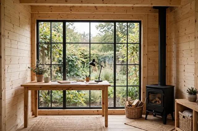 Light wood lined garden cabin with a desk, large grid window, and small wood burning stove