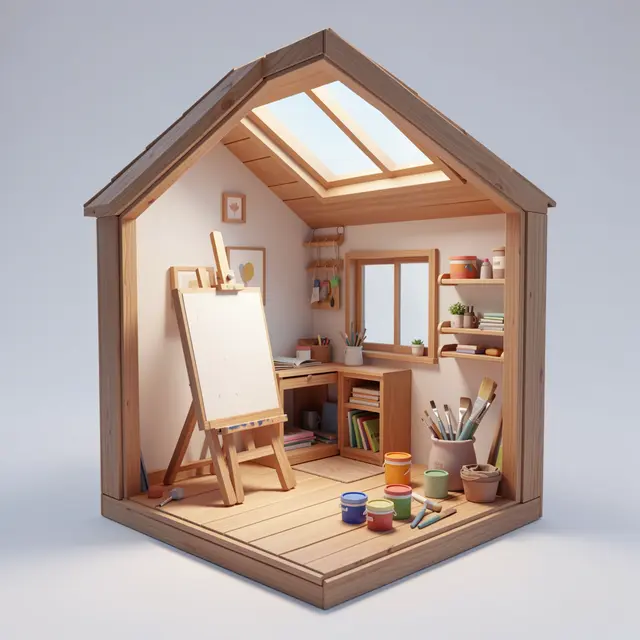 Isometric cutaway 3D render of a miniature wooden artist loft with easel, paint supplies and a skylight