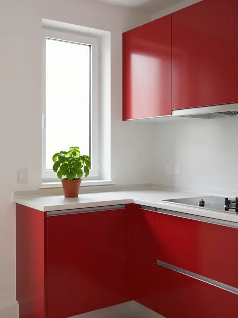 Small compact kitchen with glossy red cabinets, white countertop and potted basil by a narrow window