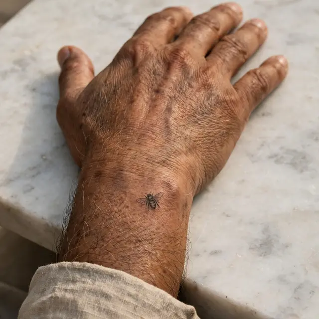 Close-up of a mature man's hand resting on marble, showing a small bee tattoo on his wrist
