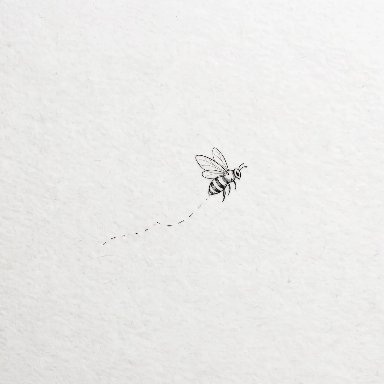 Delicate black ink drawing of a flying bee with a dashed flight trail on textured white paper