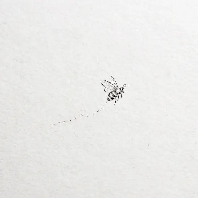 Delicate black ink drawing of a flying bee with a dashed flight trail on textured white paper