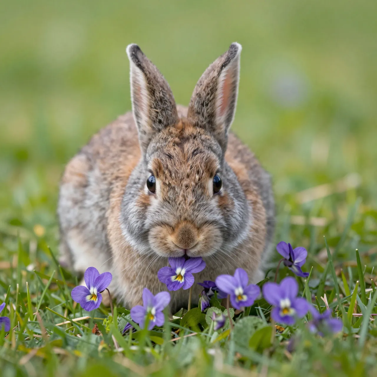 A small fluffy brown bunny sits on grass while nibbling purple violet flowers in soft spring light