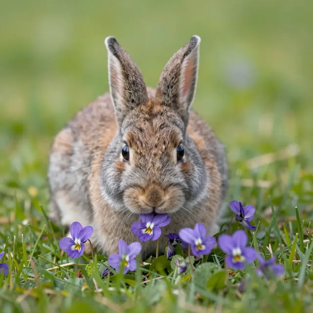 A small fluffy brown bunny sits on grass while nibbling purple violet flowers in soft spring light