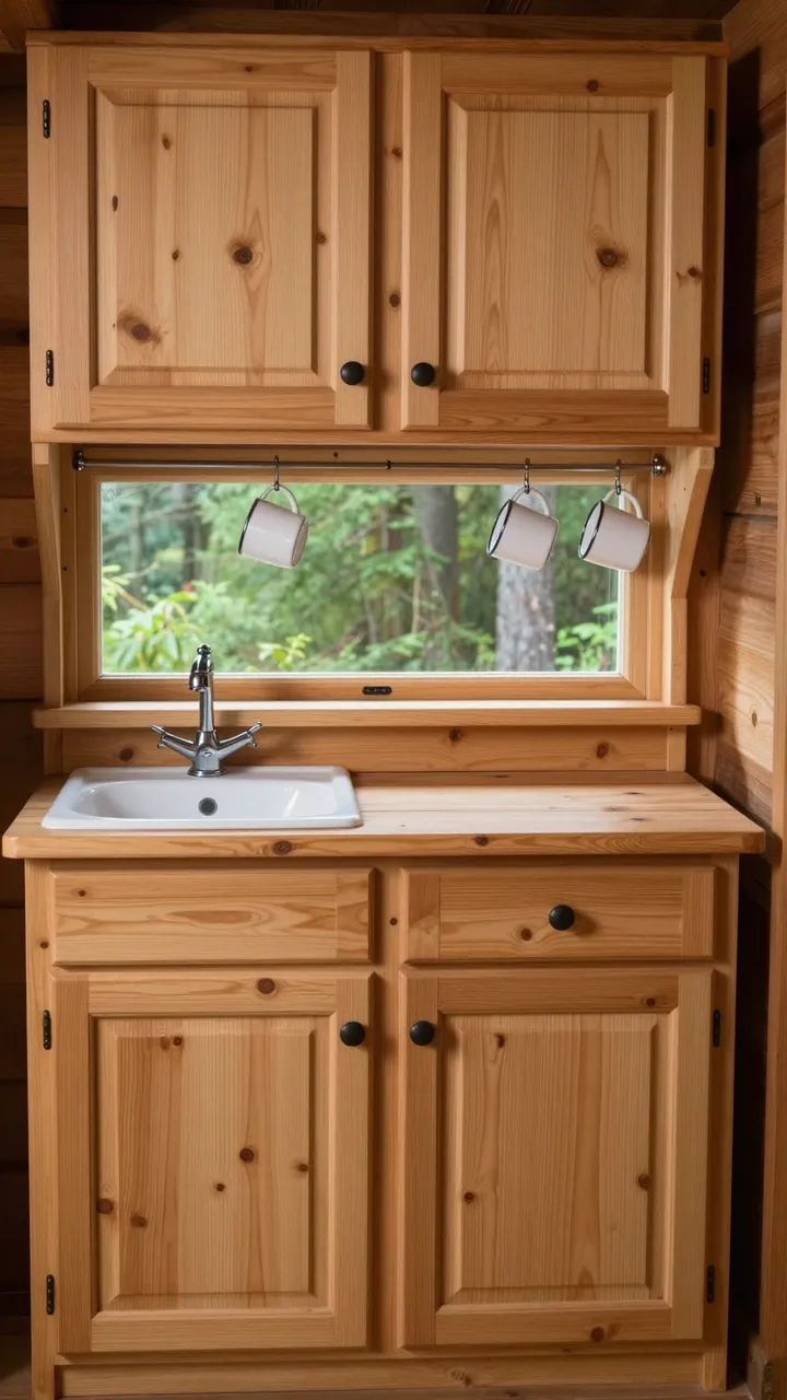 Wooden pine cabin kitchen with porcelain sink, hanging enamel mugs, and forest view through the window.