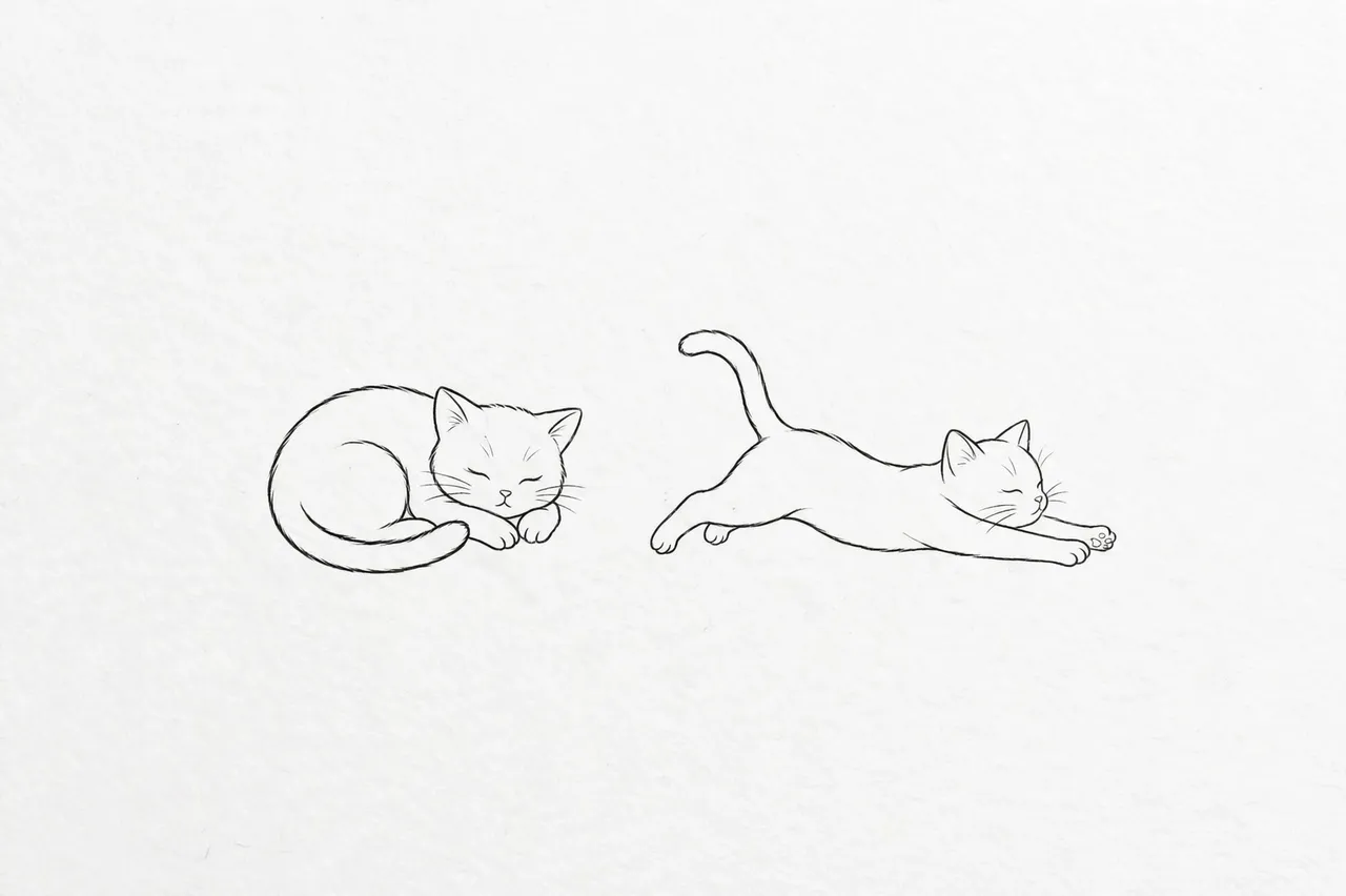 Minimal black line art of one curled sleeping cat and one stretching cat on light textured white paper