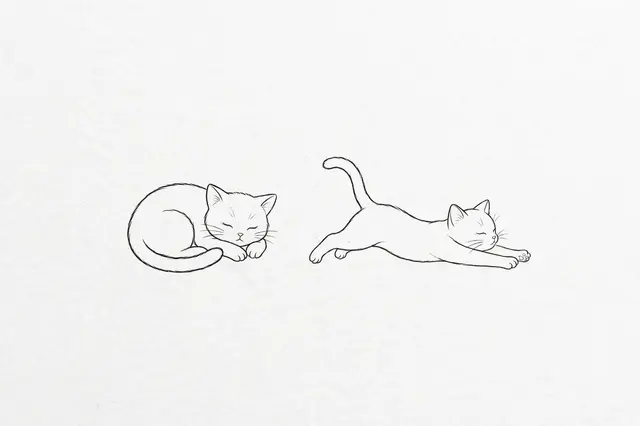 Minimal black line art of one curled sleeping cat and one stretching cat on light textured white paper