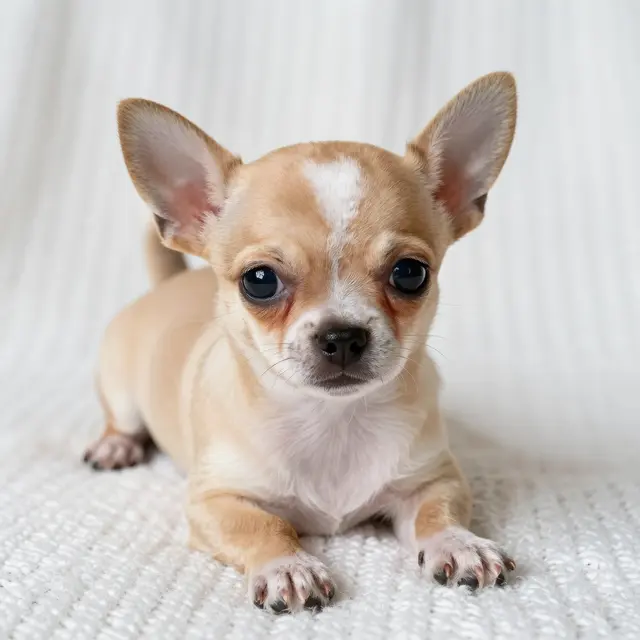 A small tan and white Chihuahua puppy lies calmly on a soft white knitted blanket looking at the camera