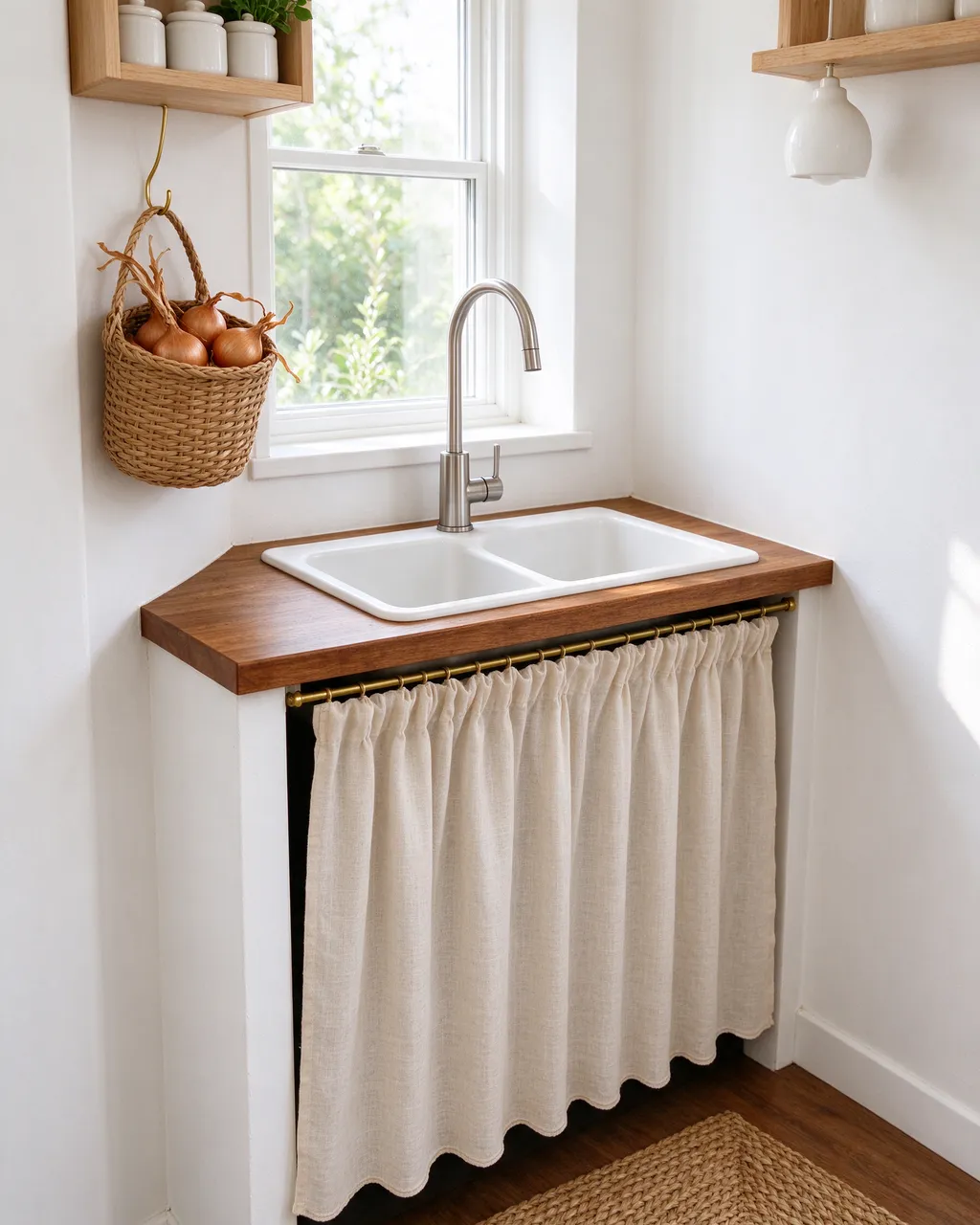 Bright compact kitchen corner with double sink, linen skirt, onion basket and under-window natural light