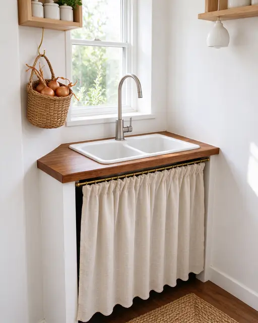 Bright compact kitchen corner with double sink, linen skirt, onion basket and under-window natural light