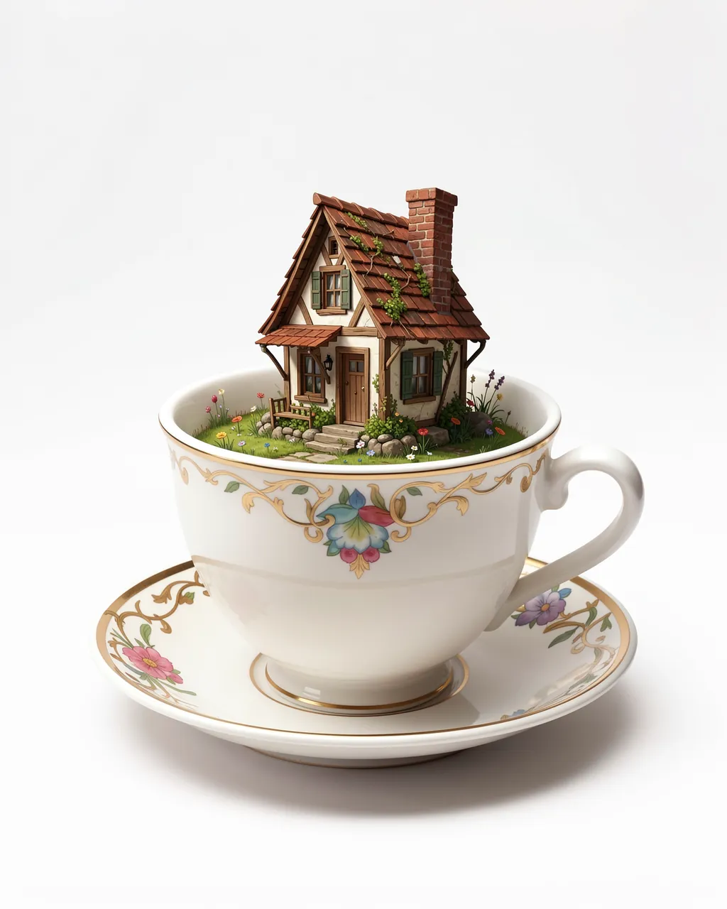 A miniature half-timbered cottage with a small garden sits inside a decorative porcelain teacup on a matching saucer against