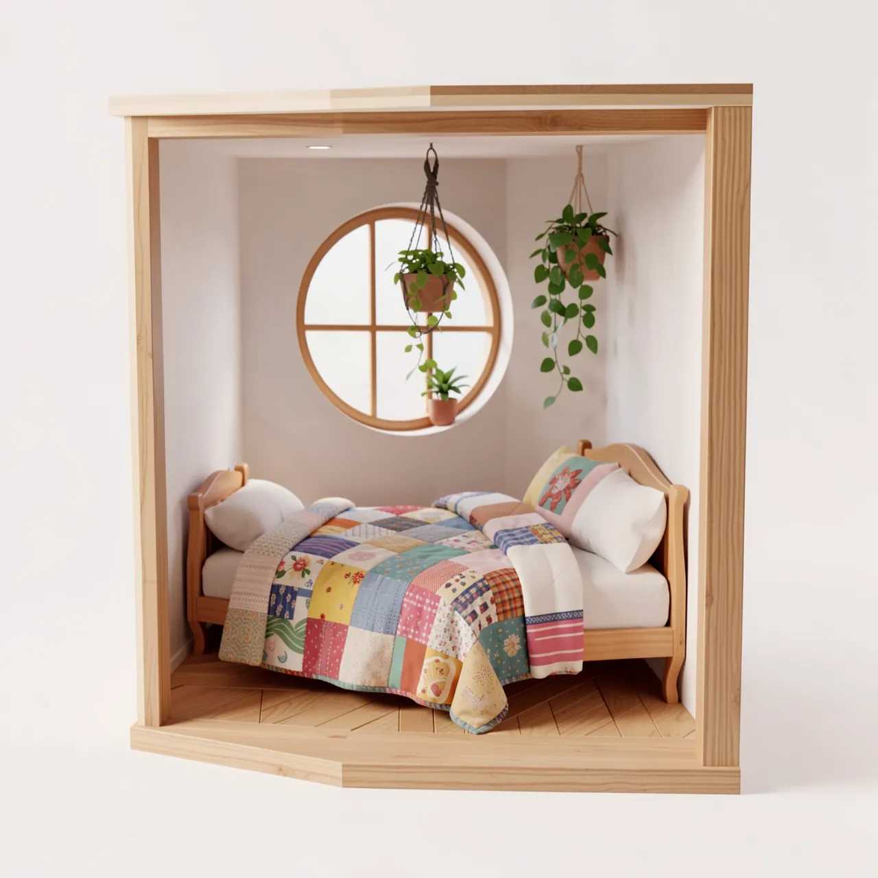 3D render of a miniature cutaway bedroom with a patchwork quilt, round window and hanging houseplants