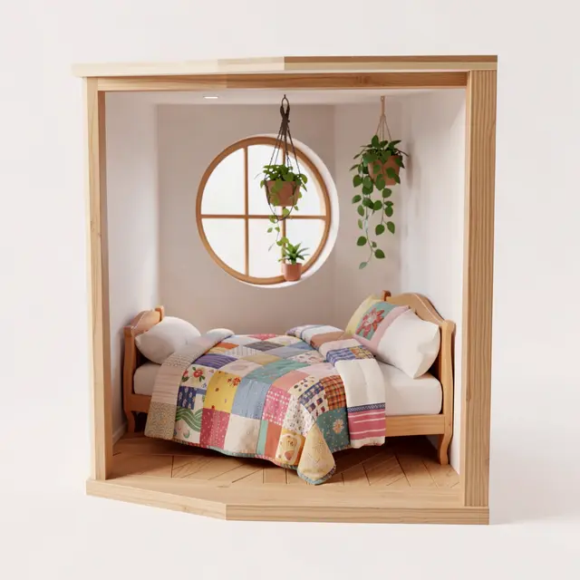 3D render of a miniature cutaway bedroom with a patchwork quilt, round window and hanging houseplants