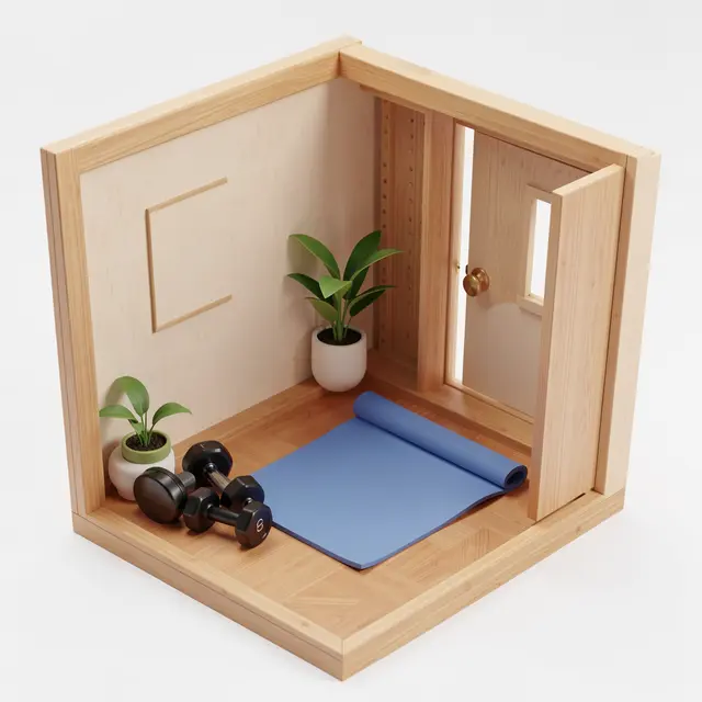 Isometric 3D render of a miniature cutaway home gym with yoga mat, dumbbells and potted plants